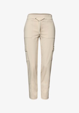 Pantaloni cargo beige con vita a coulisse, tasche a toppa frontali e tasche laterali con pattina, taglio a gamba dritta.