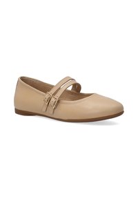 Beige leren ballerina's met een ronde neus, twee verstelbare riemen en gouden gespen. Platte zool; gladde textuur.