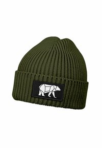 Olive green knitted beanie with a folded cuff and a black patch featuring a white geometric bear design.