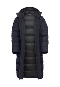 Marineblauwe pufferjas met een lange snit, voorzien van een капюшон, dikke geïsoleerde panelen en een ritssluiting aan de voorkant. Soepele binnenvoering.