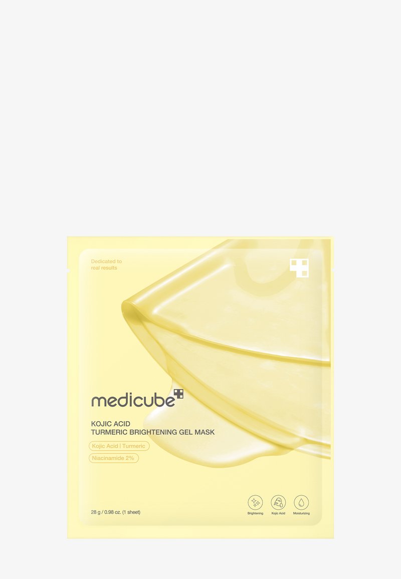 Verpakking van Kojic Acid Turmeric Brightening Gel Mask, met een bleekgele kleur, een gladde textuur en productdetails gedrukt in zwart en wit.