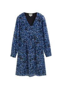 Blaues Blumenmuster-Kleid mit langen Ärmeln, V-Ausschnitt, elastischem Bund und einem ausladenden Rock. Aus leichtem Stoff mit einer strukturierten Optik gefertigt.