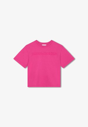 Roze katoenen T-shirt met korte mouwen en een ronde hals. Heeft verhoogde letters "MARC JACOBS" over de borst.