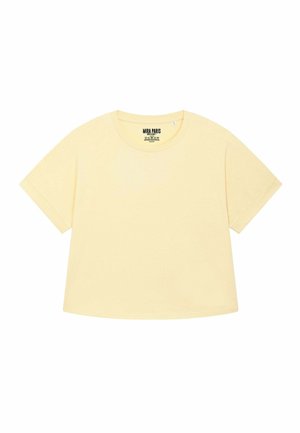 Lichtgele, kortemouwen t-shirt met een ronde hals en een label dat "MIRA PARIS" op de halslijn heeft. Eenvoudig ontwerp, geen patronen.