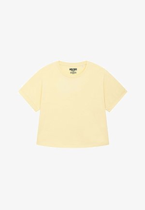 Tricou scurt, de culoare galben deschis, cu mânecă scurtă și guler rotund, având un etichetă ce spune "MIRA PARIS" plasată la guler. Design simplu, fără modele.