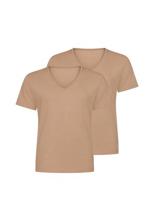 Two beige short-sleeve V-neck T-shirts, one slightly behind the other, on a white background.