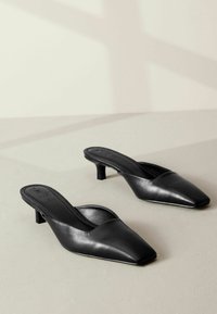 Zwarte leren slingback-schoenen met een spitse neus, lage blokhak en een gladde textuur, met een breed voorste bandontwerp.