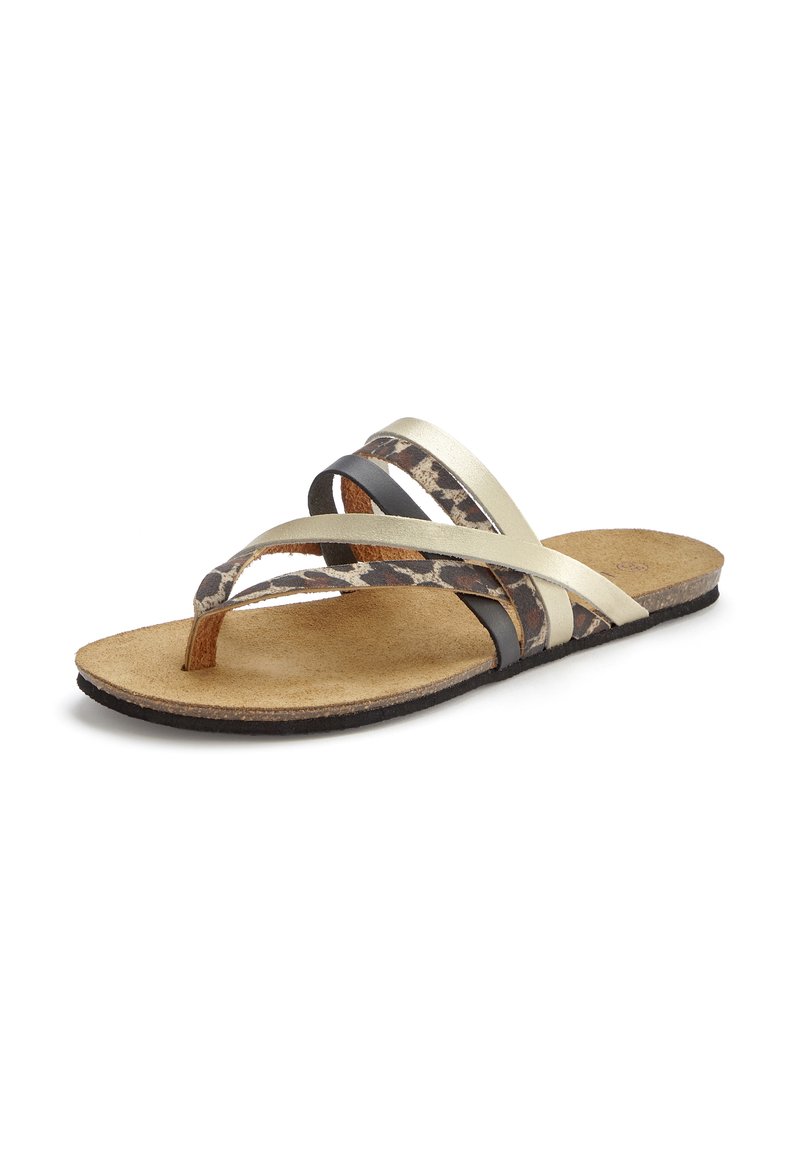 Brown and gold flat sandals with a cork sole; features crisscross straps in metallic gold and animal print leather.