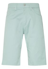 Light blue knee-length shorts with front pockets, belt loops, and a button closure.