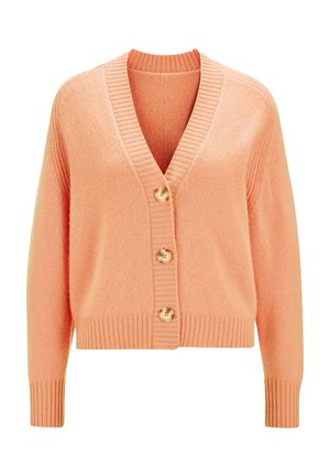 Peach-colored cardigan with a V-neck, four wooden buttons, ribbed cuffs, and hem. Soft texture, relaxed fit, and long sleeves.
