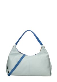 Světle modrá kožená kabelka s křivkovým siluetou, vybavená modrým popruhem, zlatými detaily a strukturovaným povrchem.