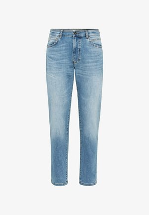 Lysblå denim jeans med lige pasform, fem lomme-design, knaplukning og falmet tekstur. Udekoreret, med synlige sømdetaljer.