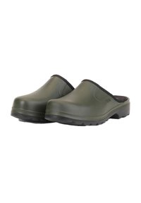 Olive green clogs made of rubber with a smooth surface, rounded toe, black trim along the opening, and textured outsole for grip.