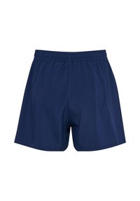 Pantaloni corti blu navy con vita elastica, realizzati in tessuto leggero. Presentano una texture liscia e una vestibilità ampia.