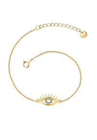 Auksinė grandinėlė, papuošta akies dizainu su mėlynais akmenimis ir saulės spindulių akcentais. Įeina krabų užsegimas ir reguliuojamas ilgis.