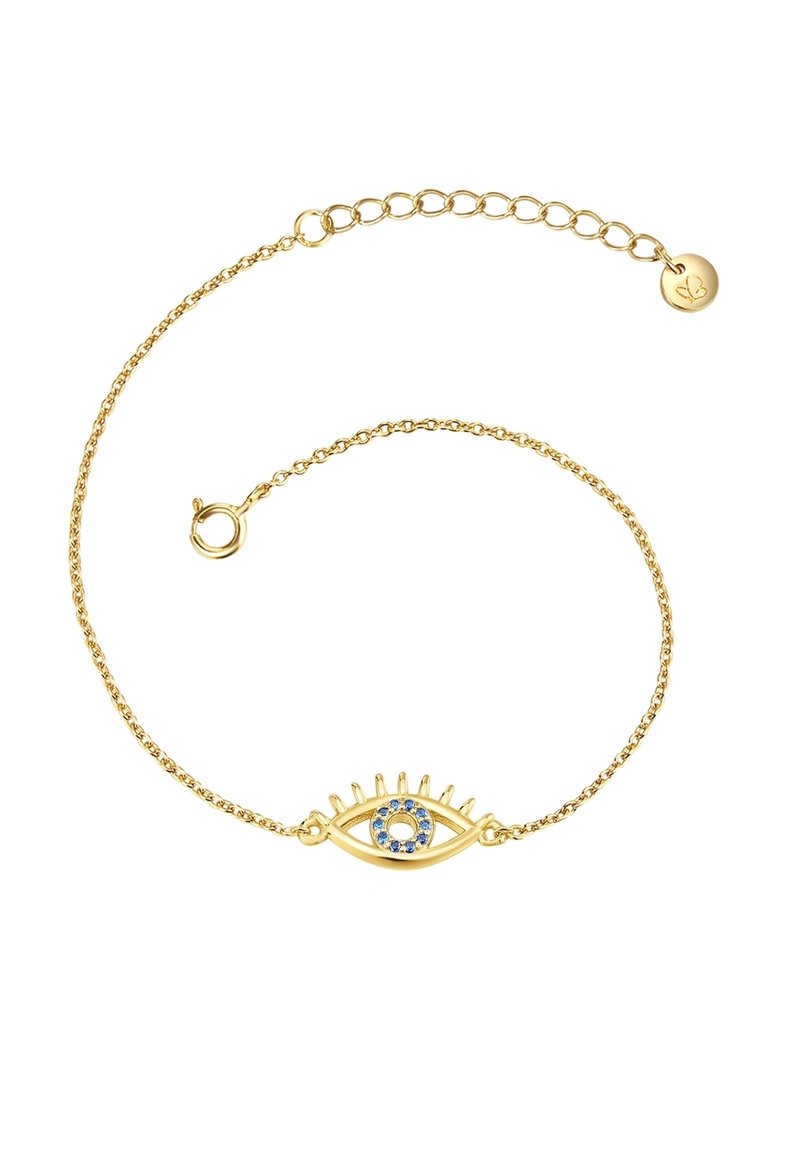 Auksinė grandinėlė, papuošta akies dizainu su mėlynais akmenimis ir saulės spindulių akcentais. Įeina krabų užsegimas ir reguliuojamas ilgis.