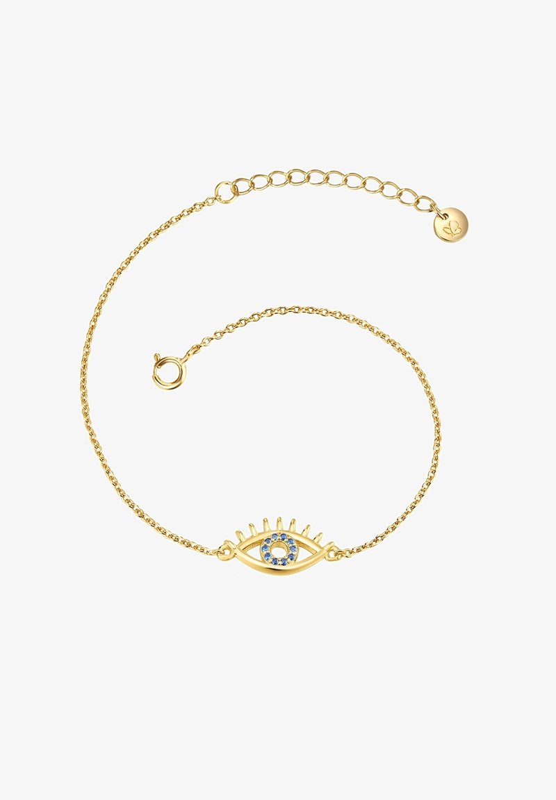 Auksinė grandinėlė, papuošta akies dizainu su mėlynais akmenimis ir saulės spindulių akcentais. Įeina krabų užsegimas ir reguliuojamas ilgis.