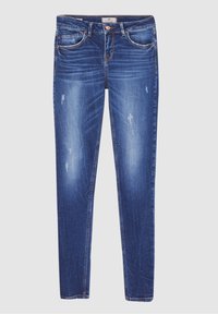 Jean skinny en denim de couleur bleu clair, avec des détails déchirés, cinq poches et des éléments en cuivre.
