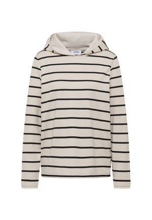 Felpa beige con strisce orizzontali nere, maniche lunghe, tasca a marsupio e cappuccio regolabile con coulisse. Tessuto morbido con vestibilità rilassata.