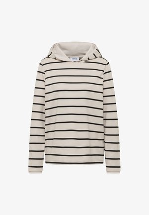 Beige hoodie med sorte vandrette striber, lange ærmer, en kængurulomme og en hætte med snorjustering. Blødt stof med en afslappet pasform.