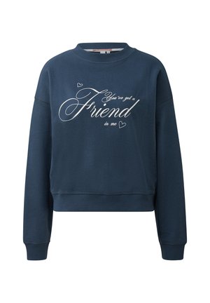Navy blue sweatshirt with long sleeves and white script text reading "You've got a Friend in me" with small heart designs.