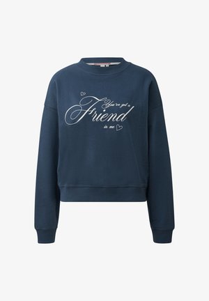 Felpa blu navy a maniche lunghe con testo in script bianco che recita "Hai un amico in me" con piccoli disegni di cuori.