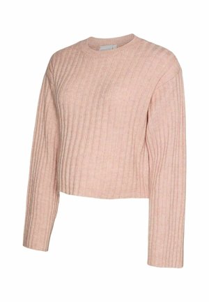 Rosa kurz geschnittenes Sweatshirt mit gerippter Textur, rundem Halsausschnitt und langen Ärmeln. Der Stoff wirkt weich und gestrickt mit sanften Farbvariationen.