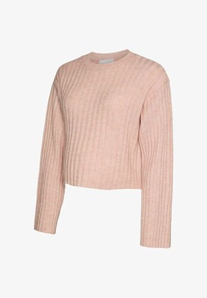 Sweat cropped rose avec texture côtelée, col rond et manches longues. Le tissu semble doux et tricoté avec des variations subtiles de teinte.