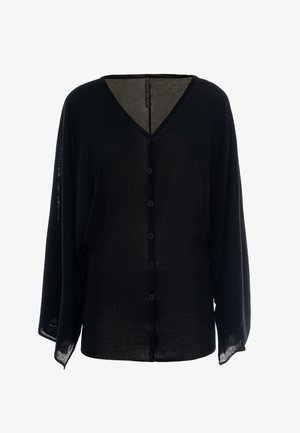 Cardigan nero a maglia aperta con scollatura a V, sette bottoni sul davanti e maniche lunghe. Il tessuto sembra leggero e trasparente.
