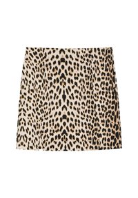 Mini sukňa s leopardím vzorom, ktorá má krémový základ s čiernymi a hnedými škvrnami. Je vyrobená z mäkkého materiálu s hladkým povrchom.