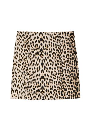 Fustă mini cu imprimeu de leopard, având o bază cremă cu pete negre și maronii, confecționată dintr-un material moale cu o textură netedă.