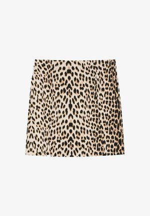 Minifalda de estampado de leopardo con base crema y manchas negras y marrones, fabricada en un tejido suave con una textura lisa.