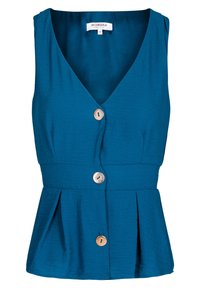 Teal sleeveless top with a V-neck, featuring wooden buttons and a pleated waist design. Made of soft textured fabric.