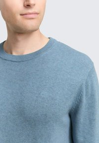 Hellblaues Sweatshirt aus weichem Strickstoff, mit einem Rundhalsausschnitt und gerippten Bündchen. Kleines Logo-Detail auf der Brust.