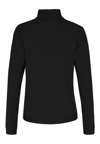 Zwarte langefsleevetop met een schijnhals, ribbeltextuur en een rechte zoom. Eenvoudig ontwerp zonder sluitingen of aanvullende details.