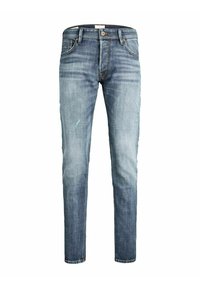 Jeans in denim slim fit di colore blu chiaro con una finitura sbiadita. Presentano una chiusura con bottone, cinque tasche e leggeri segni di usura nella parte anteriore.