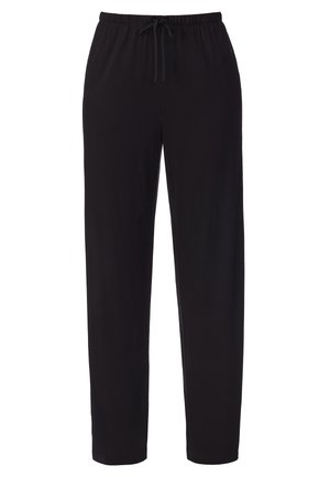 Zwarte broek met elastische tailleband en verstelbare trekkoord, rechte pijpen en een ontspannen pasvorm.