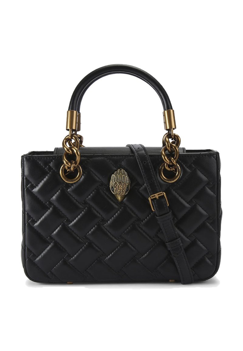 Borsa a mano in pelle nera con texture intrecciata, hardware dorato, tracolla removibile e un emblema decorativo sulla parte frontale.