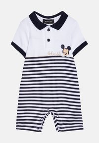 Kurzarmpflege Overall aus weißer und navy gestreifter Baumwolle mit Polo-Kragen, featuring Mickey Mouse Grafik und Druckknopfverschluss am Boden.