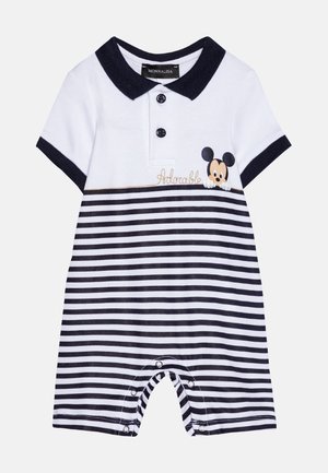 Krátký rukáv overal v bílo-námornické pruhované bavlně s polo límečkem, zdobený grafikou Mickey Mouse a patentkami na spodním okraji.