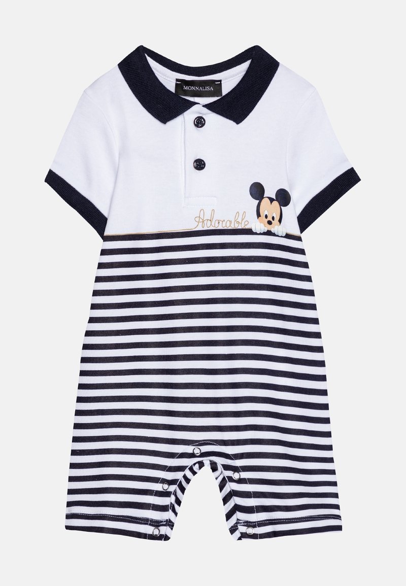 Kurzarmpflege Overall aus weißer und navy gestreifter Baumwolle mit Polo-Kragen, featuring Mickey Mouse Grafik und Druckknopfverschluss am Boden.