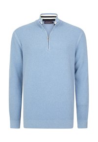 Light blue knit pullover with half-zip collar, featuring a textured pattern and ribbed cuffs and hem. Contrast trim at collar.