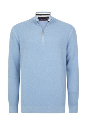 Light blue knit pullover with half-zip collar, featuring a textured pattern and ribbed cuffs and hem. Contrast trim at collar.