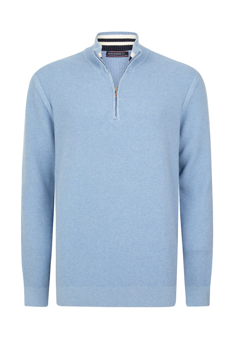 Light blue knit pullover with half-zip collar, featuring a textured pattern and ribbed cuffs and hem. Contrast trim at collar.