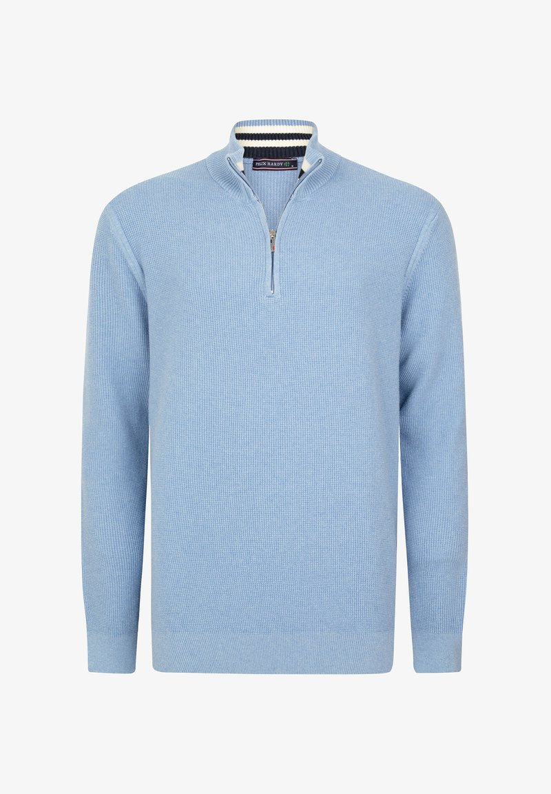 Light blue knit pullover with half-zip collar, featuring a textured pattern and ribbed cuffs and hem. Contrast trim at collar.