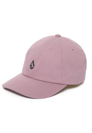 Casquette de baseball violet clair avec une visière courbée et un petit logo géométrique noir et blanc au centre avant.