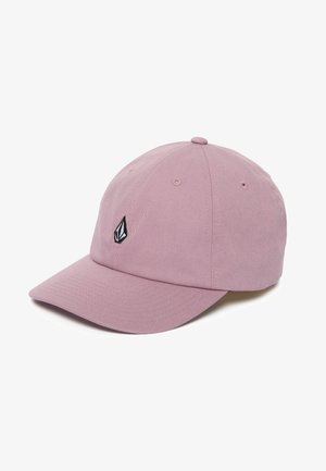 Cappellino da baseball lilla chiaro con visiera curva e piccolo logo geometrico bianco e nero al centro frontale.