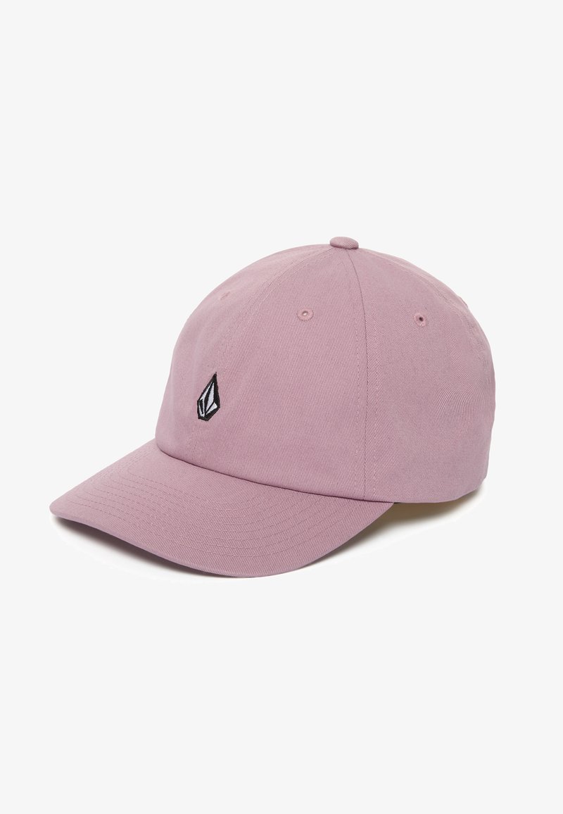 Casquette de baseball violet clair avec une visière courbée et un petit logo géométrique noir et blanc au centre avant.