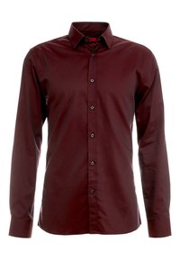 Camisa burdeos de manga larga con cuello; presenta botones en la parte delantera y una tela suave y texturizada. Ajuste entallado con un diseño ligero.