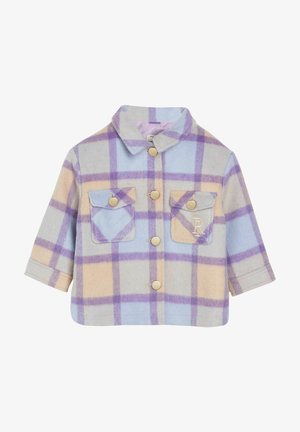 Veste courte à carreaux en bleu pastel, beige et violet avec des boutons dorés et des poches à rabat, une brodée avec les initiales "RL".